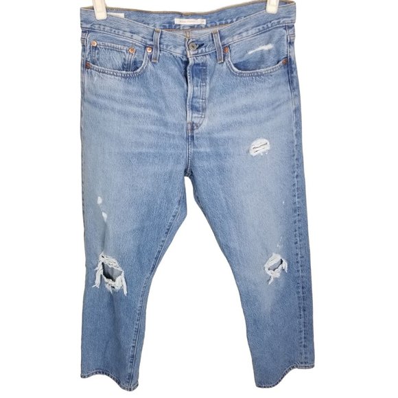 Levi's Womens 31 Blue Medium Wash Denim Distressed Wedgie Fit Straight Jeans - Picture 2 of 11